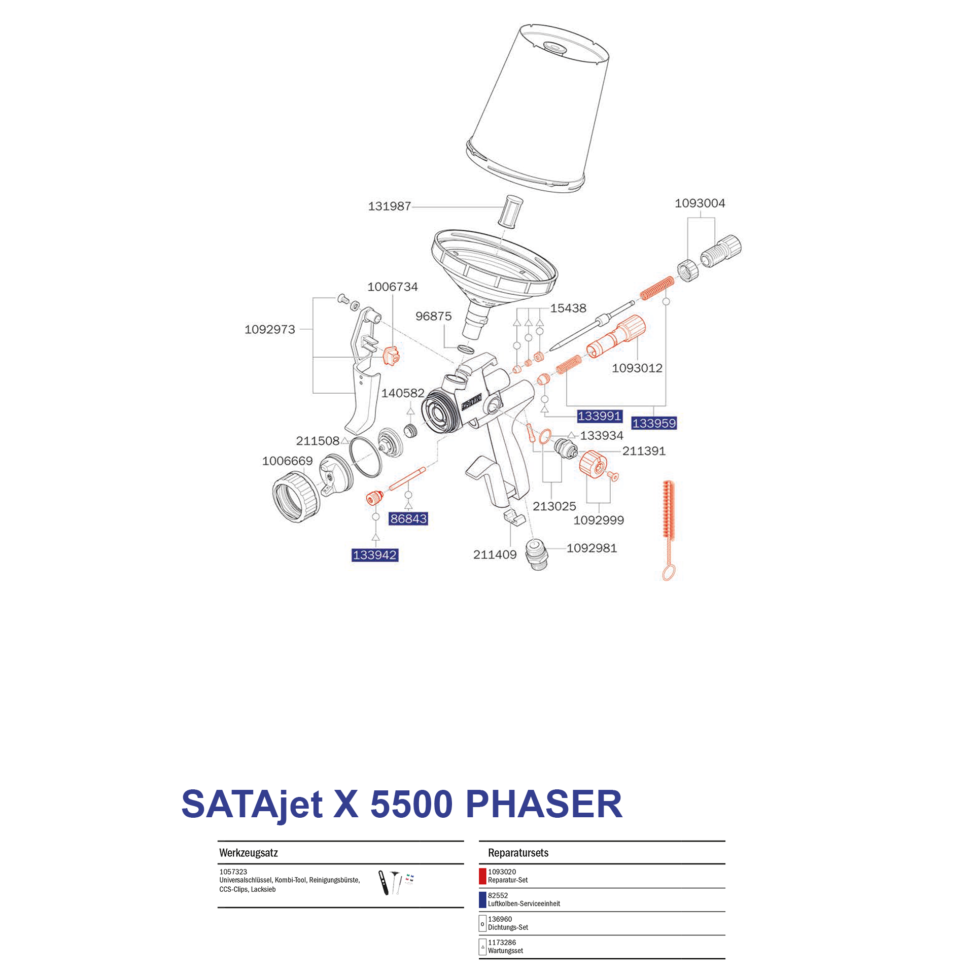 Lackierpistole SATAjet X 5500 PHASER, Zeichnung der Einzelteile mit Artikelnummern