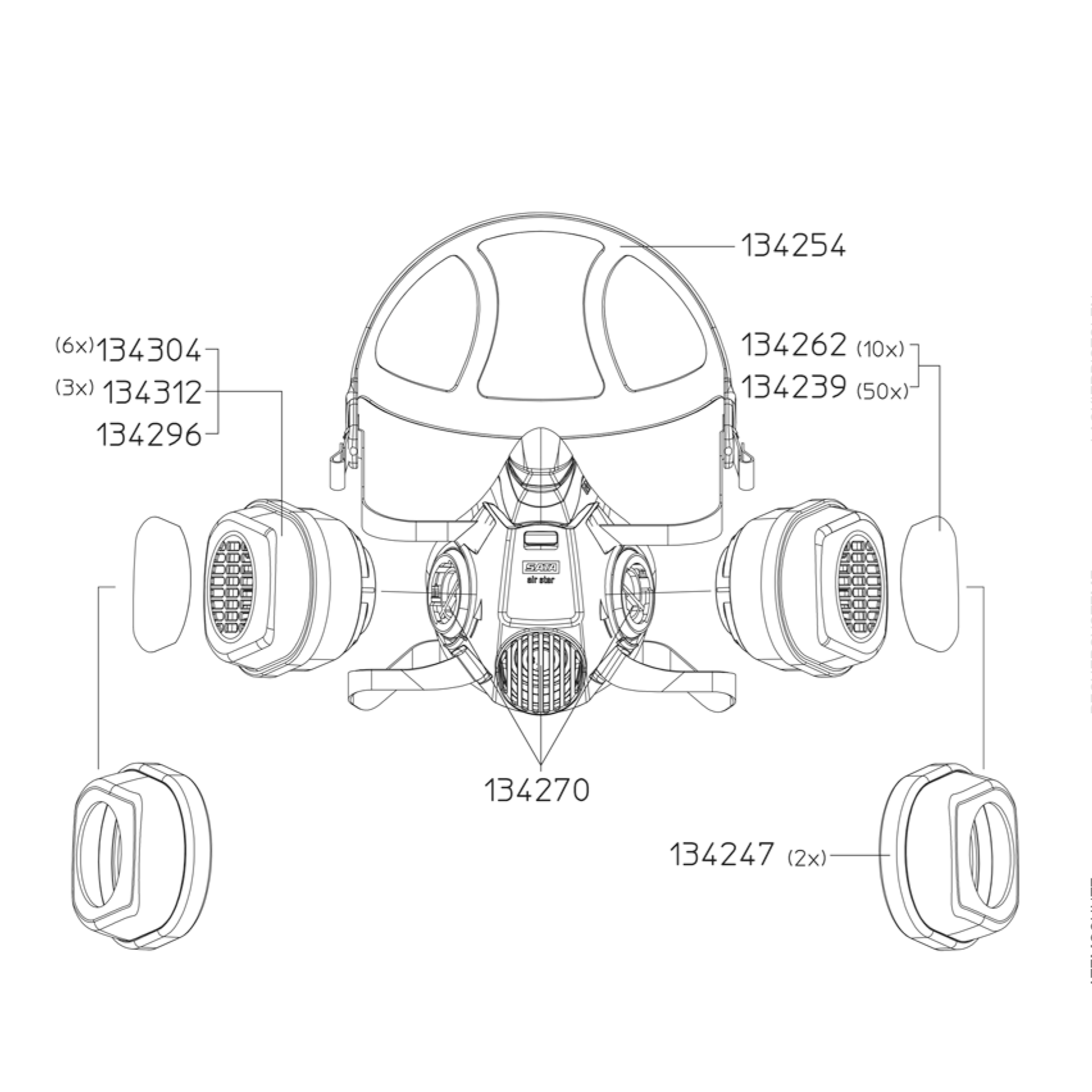 Atemschutz-Halbmaske SATA air star F, Zeichnung der Einzelteile mit Artikelnummern