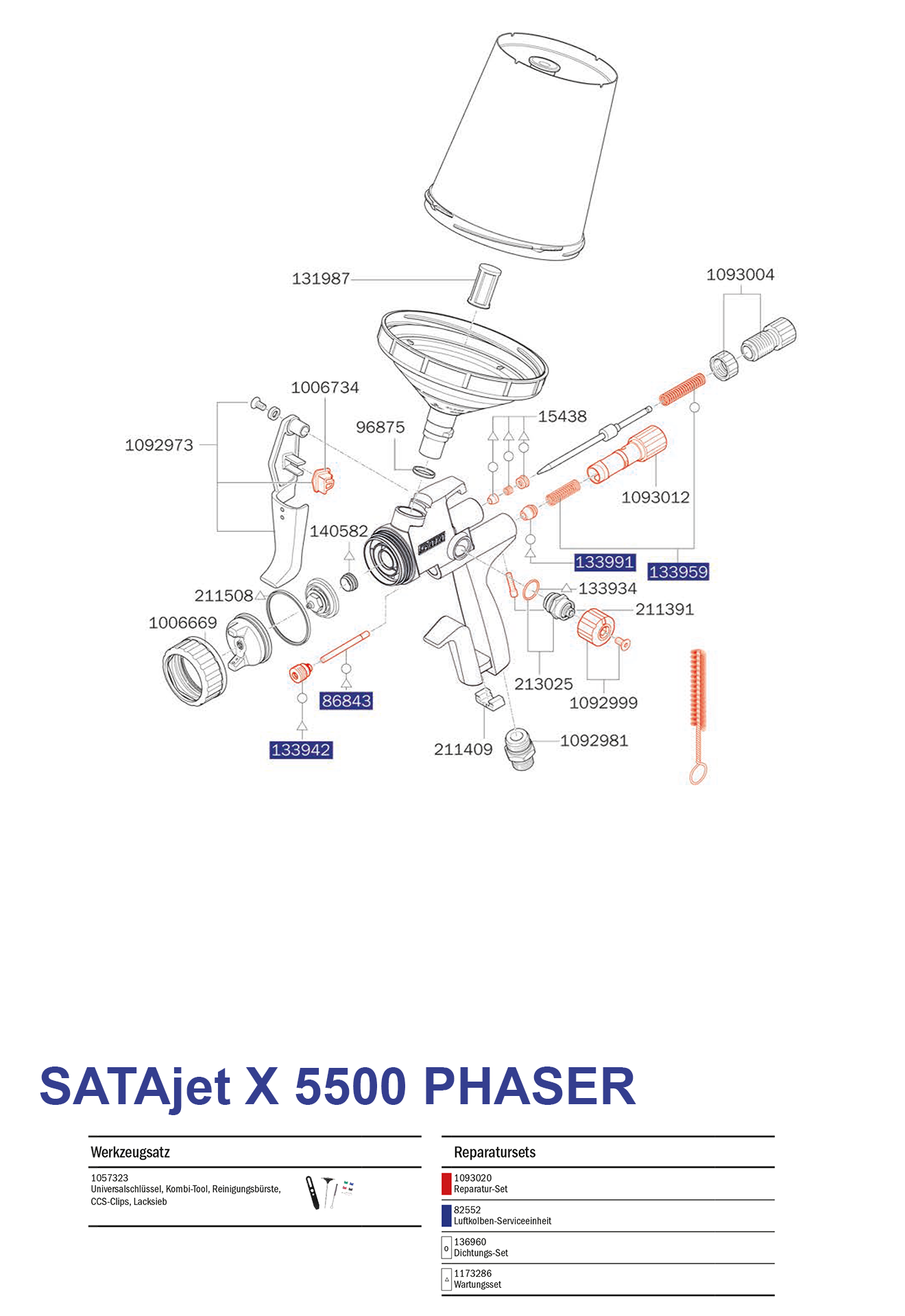 Lackierpistole SATAjet X 5500 PHASER, Zeichnung der Einzelteile mit Artikelnummern