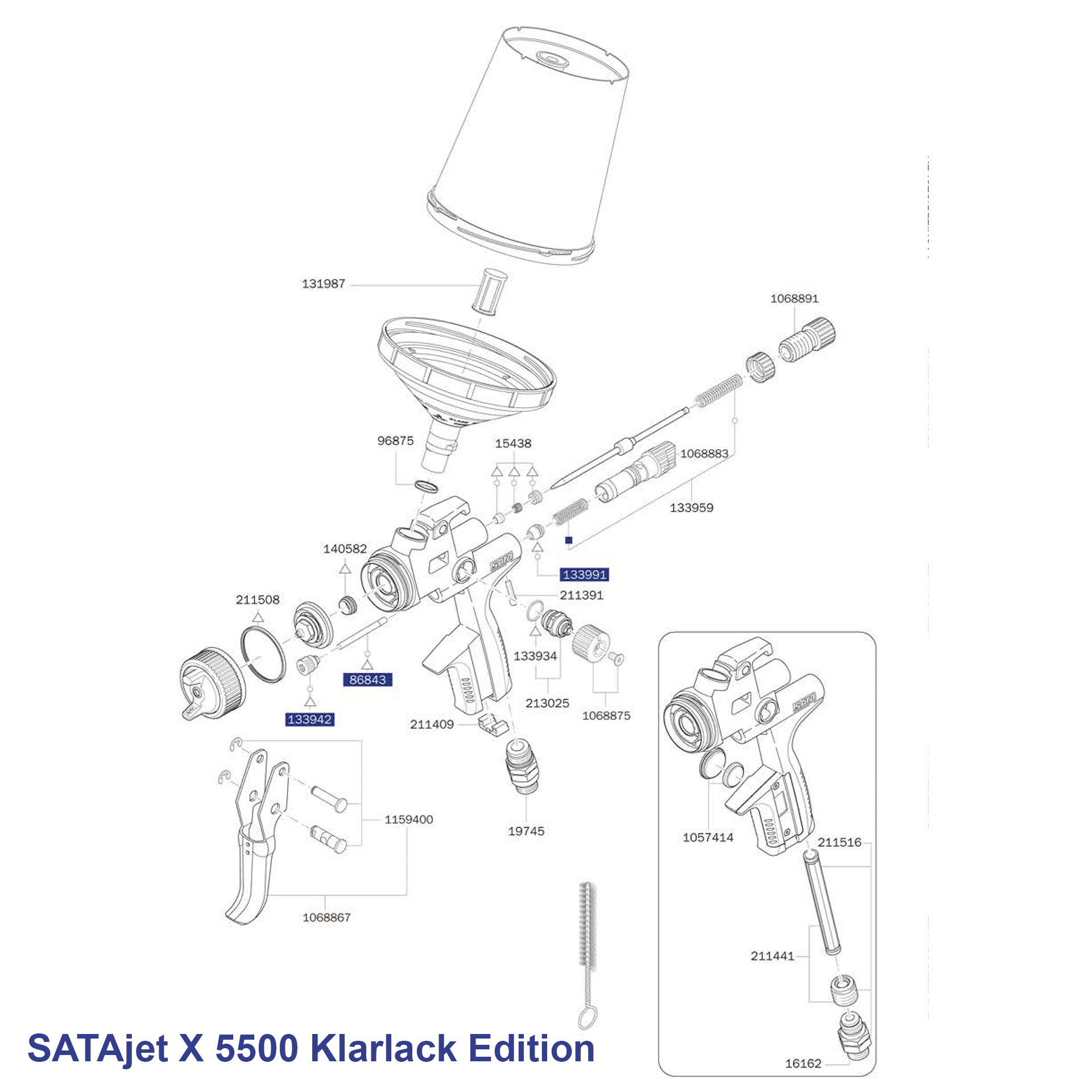 Lackierpistole SATAjet X 5500 Klarlack Edition, Zeichnung der Einzelteile mit Artikelnummern