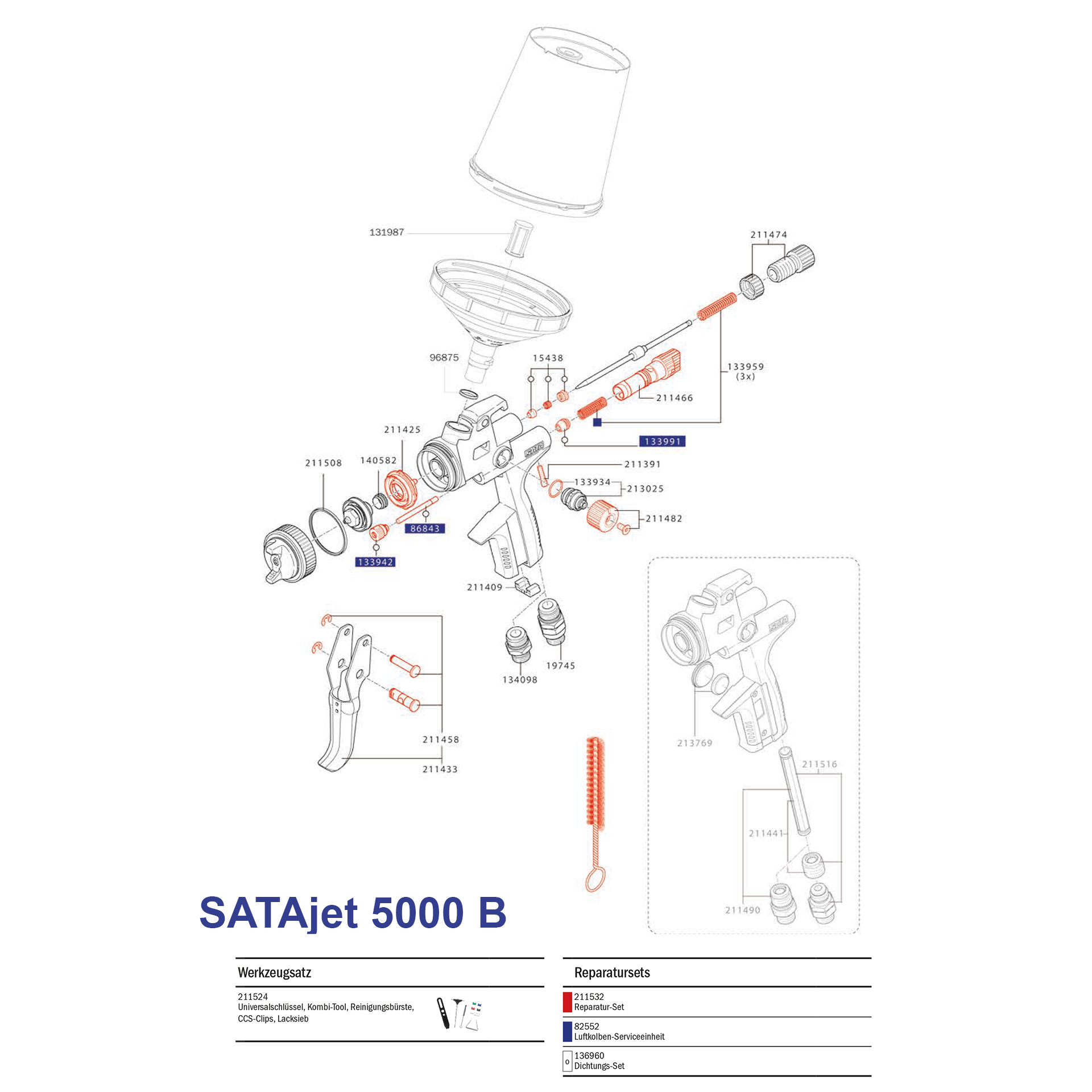 Lackierpistole SATAjet 5000 B, Zeichnung der Einzelteile mit Artikelnummern